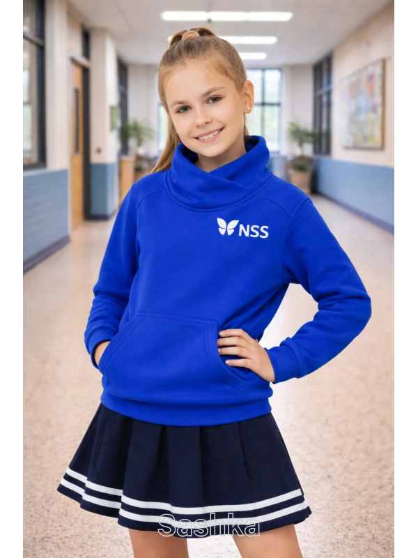 Худі для дівчинки з коміром синє з логотипом школи NSS, розмір 116-164